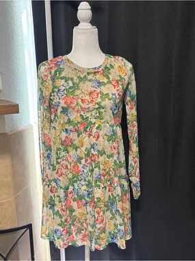 AFRM Floral Long-Sleeve Tiered Dress in Cream with Red, Blue & Green Print